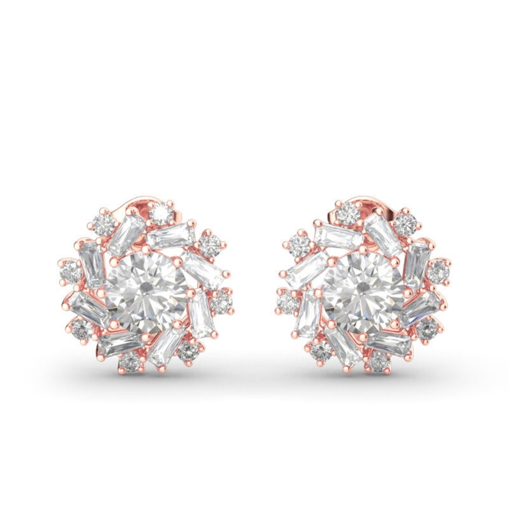 Julia Sunshine Round And Baggett Cut Rose Gold Over Sterling Silver Stud Earring